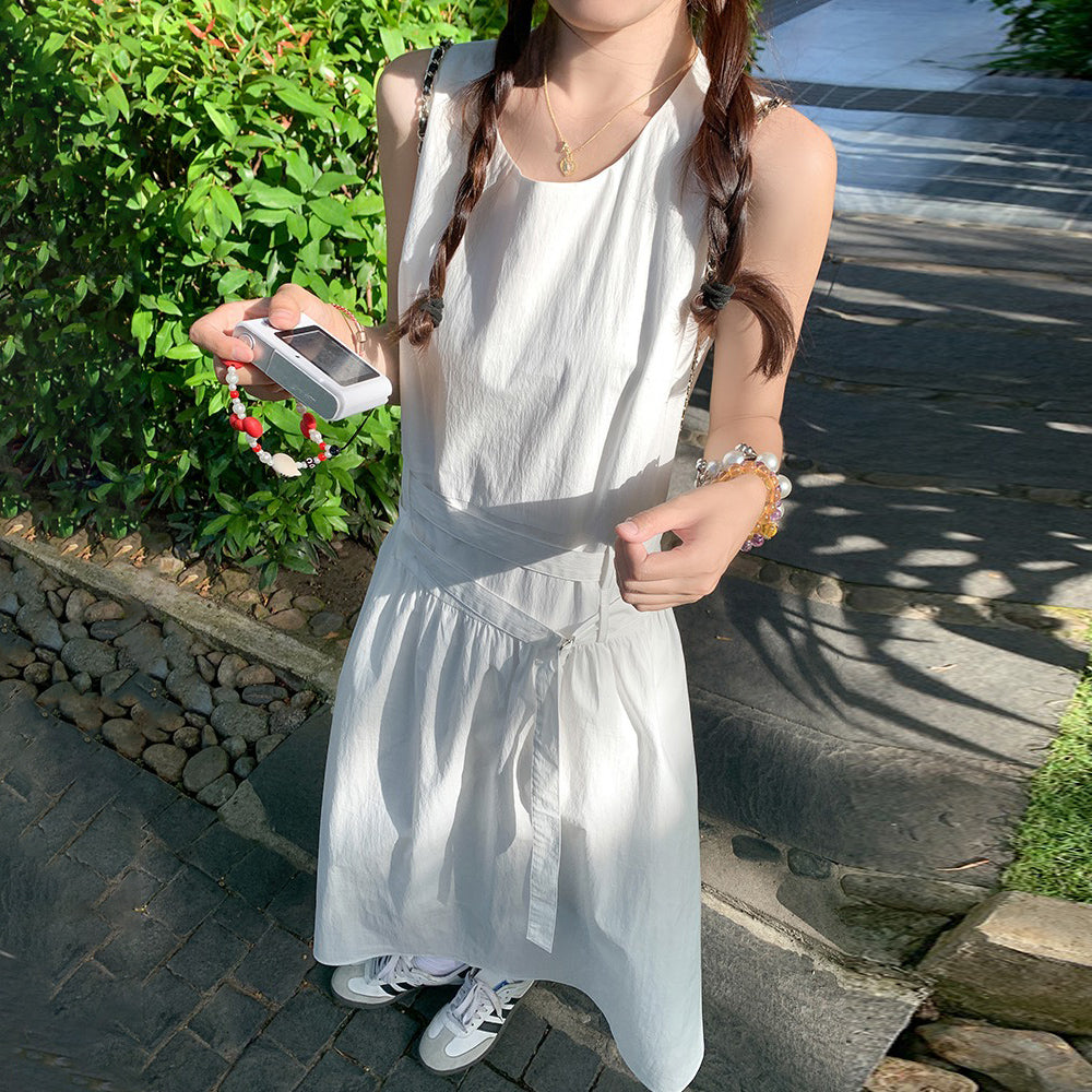 【ワンピース】シンプル ホワイト ノースリーブワンピース 夏 レディース ウエストマーク キャミソールワンピース【JZシリーズ】