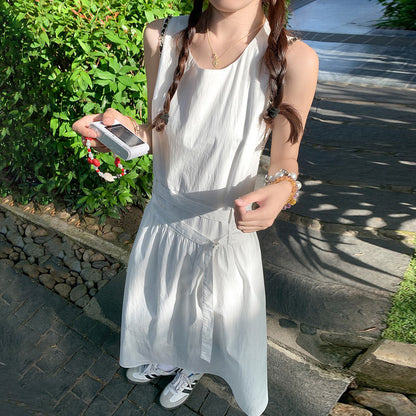 【ワンピース】シンプル ホワイト ノースリーブワンピース 夏 レディース ウエストマーク キャミソールワンピース【JZシリーズ】