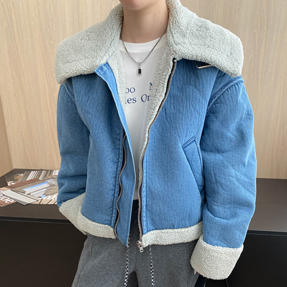 【アウター】秋冬用 高級感 フェイクボア デニムジャケット レディース ビッグカラー 綿入れコート【SNシリーズ】