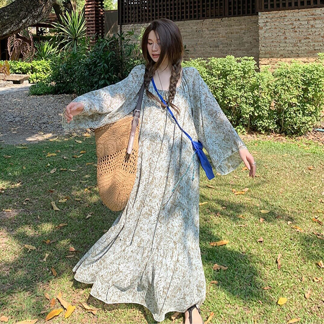 【ワンピース】フレンチガーデン花柄ワンピース レディース 大きいサイズ 長袖 ゆったり 体型カバー リゾート風 ロング丈 秋【SHシリーズ】