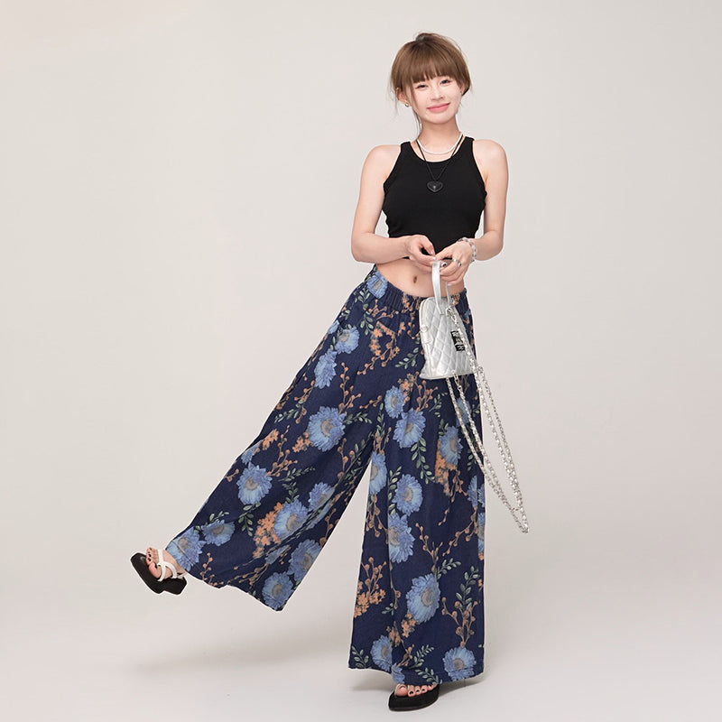 【ボトムス】レディース デニムワイドパンツ 花柄プリント ワイドデニム ルーズフィット ヴィンテージ風 カジュアル 夏【SHシリーズ】