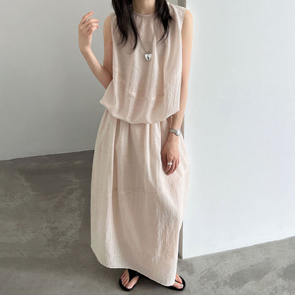 【セットアップ】リラックス風 セミシアー ノースリーブ トップス & スカート 上下セット レディース 夏 フェミニン 大人可愛い 通勤 ゆったり 体型カバー 人気【JZシリーズ】