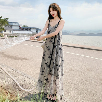 【ワンピース】バタフライプリント 夏新作 韓国風 リゾートムード ノースリーブキャミワンピース【SHシリーズ】