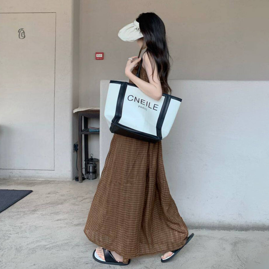 【ワンピース】フレンチ レトロ チェック キャミワンピース レディース 夏 リゾート 海辺 こなれ感 上品 ノースリーブ ロングワンピース【JZシリーズ】