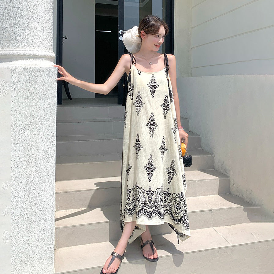 【ワンピース】フレンチリゾート風  夏新作 超映え民族風プリント  ノースリーブワンピース【SHシリーズ】