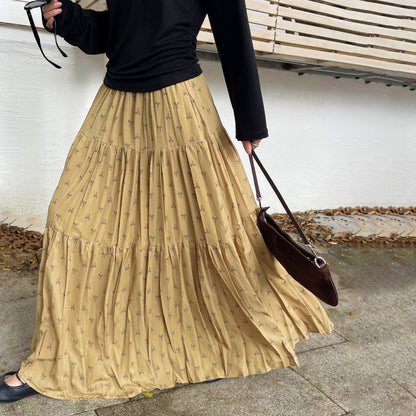 【ボトムス】初秋新作 レトロ ハイウエスト ゆったり見え スリム効果 切り替え シフォン 花柄スカート【SHシリーズ】