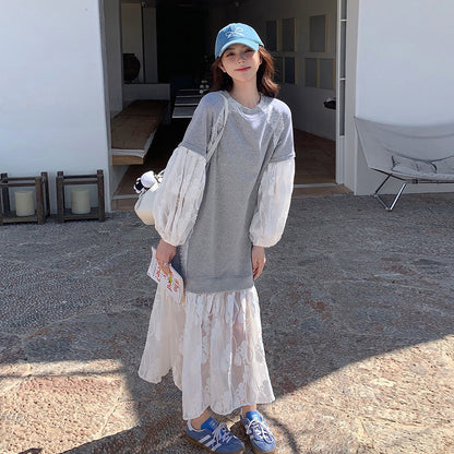 【ワンピース】韓国トレンド レース×スウェット風 長袖ワンピース 春秋 フェイクレイヤード 大人可愛い 優しげ 若見え【JZシリーズ】