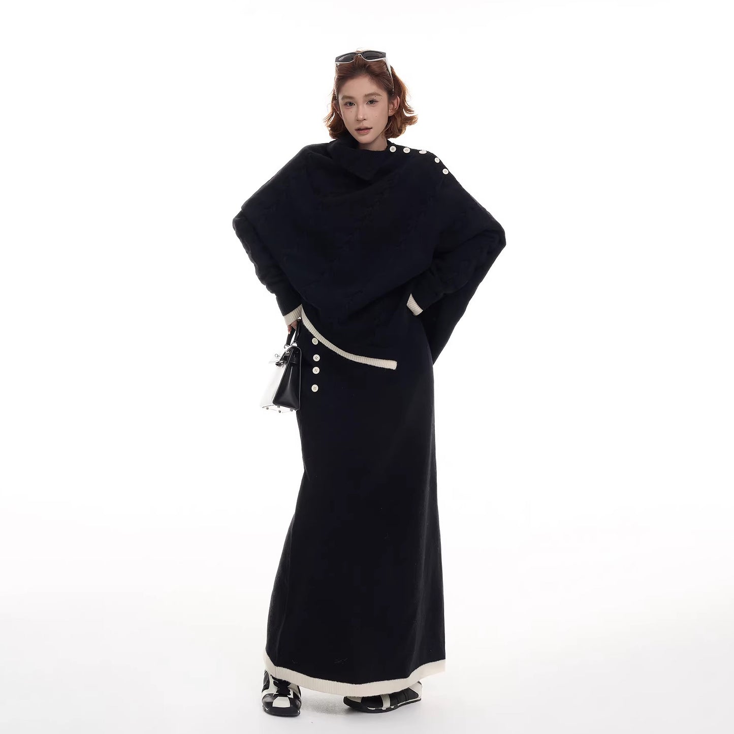 【単品注文】【セットアップ】不規則 配色切替 長袖ニット＋スカート 上下セット レディース 秋冬 韓国風 ゆったり ルーズ カジュアル【JZシリーズ】