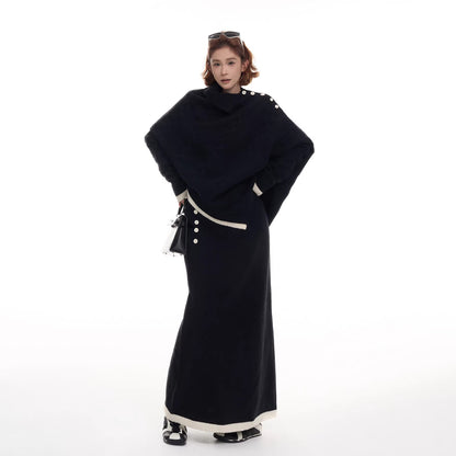 【単品注文】【セットアップ】不規則 配色切替 長袖ニット＋スカート 上下セット レディース 秋冬 韓国風 ゆったり ルーズ カジュアル【JZシリーズ】