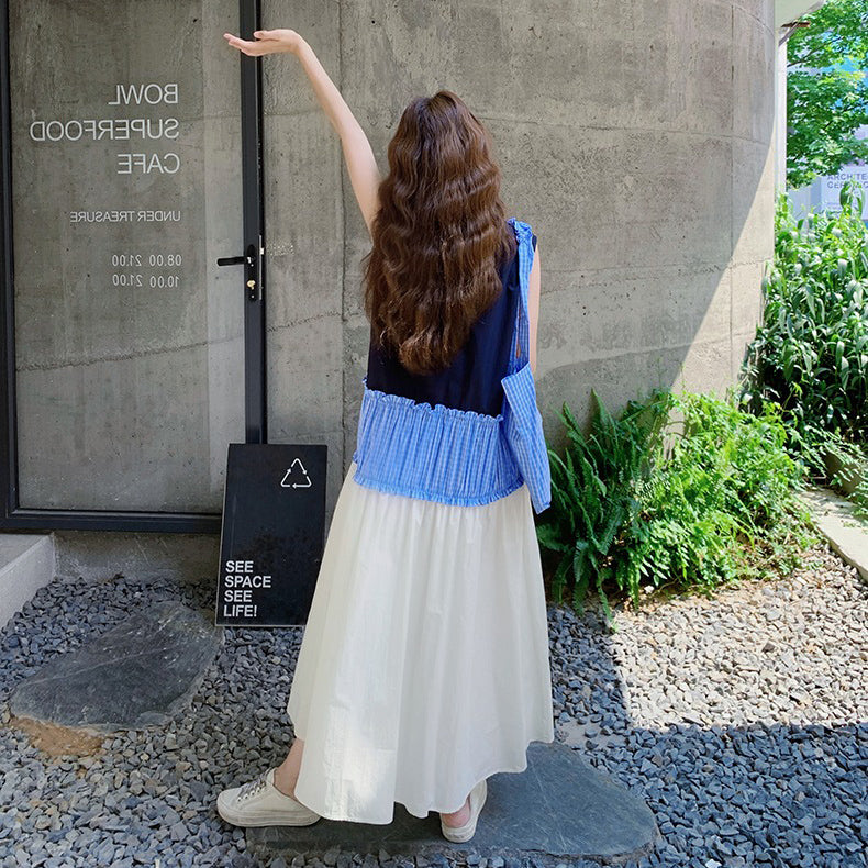 【ワンピース】夏 フレンチ風 お洒落な配色切り替え ノースリーブワンピース 文芸スタイル【SHシリーズ】