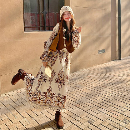 【セットアップ】ボヘミアン民族風ベスト＋花柄ワンピース レディース 春秋 個性的で華やか 絶美長袖ワンピース【SHシリーズ】