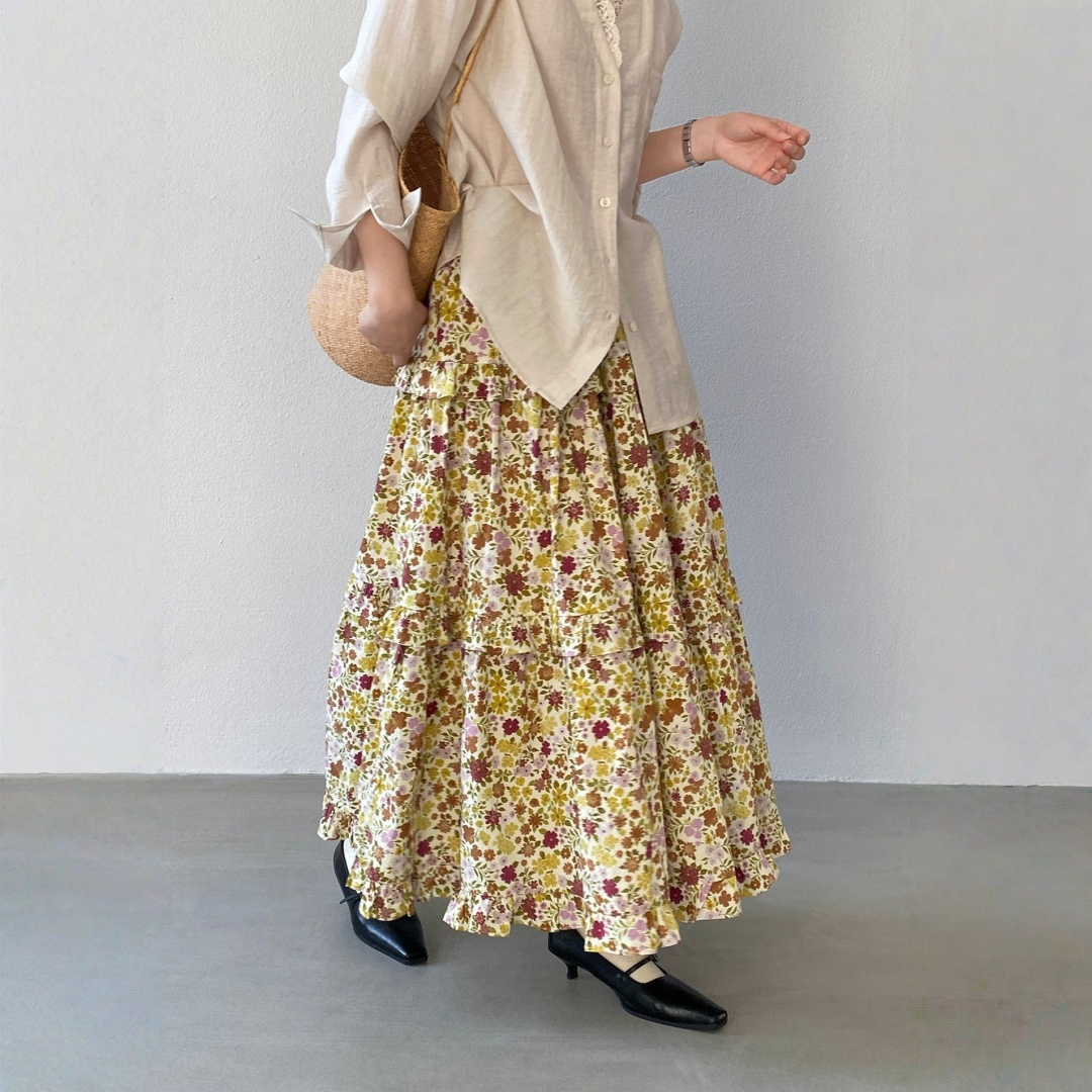 【ボトムス】小花柄 ハイウエスト Aライン スカート 【JZシリーズ】