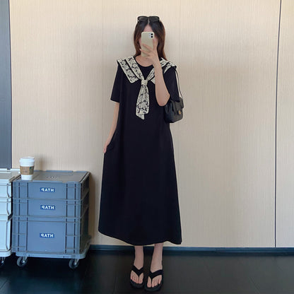 【ワンピース】フレンチ風ブラックワンピース レディース 夏 ケープデザイン 半袖  シンプル上品 ロング丈 大人可愛い【JZシリーズ】