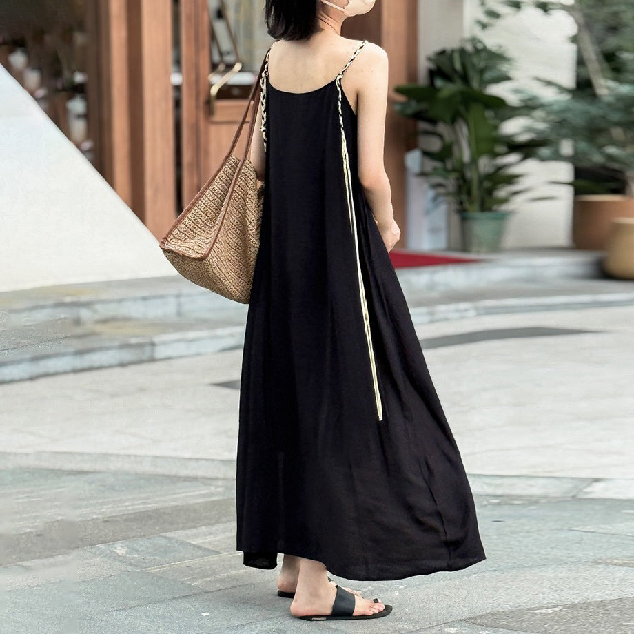 【ワンピース】リゾート風 編み込みストラップ付き 配色細見え ゆったりノースリーブワンピース【SHシリーズ】