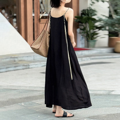 【ワンピース】リゾート風 編み込みストラップ付き 配色細見え ゆったりノースリーブワンピース【SHシリーズ】