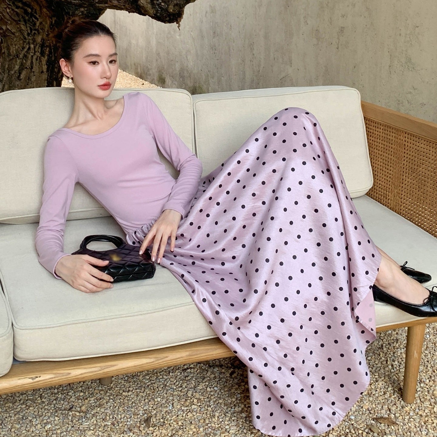 【ワンピース】春 秋 冬 フリルギャザー 切り替え ウエストマーク ベルト 長袖 ワンピース