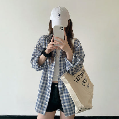 【トップス】レトロ チェックシャツ レディース 春夏 長袖 ルーズ シアー感 カジュアル トップス ゆったり 通勤 大人可愛い 人気【FCシリーズ】