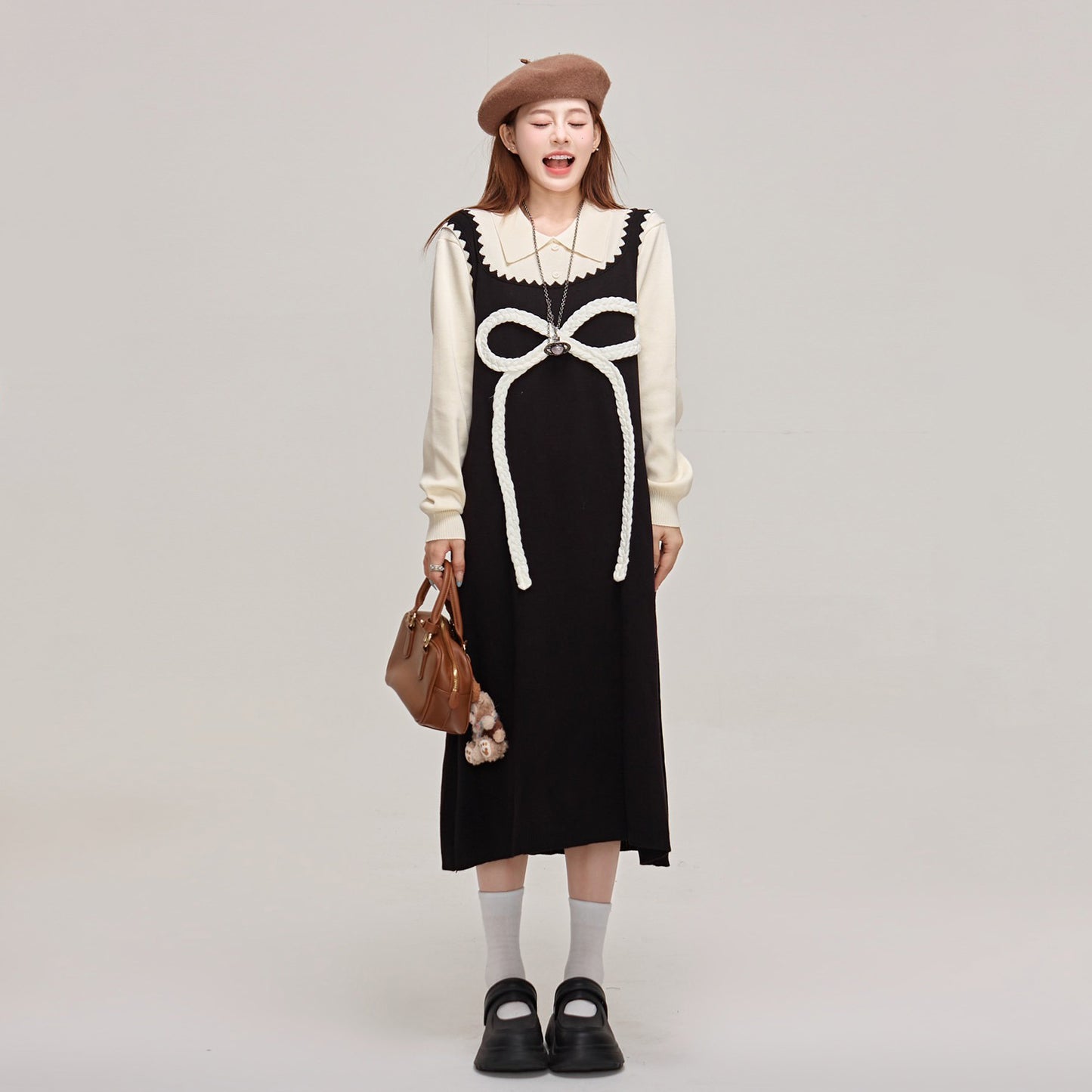 【ワンピース】蝶結びデザイン🎀 ツーピース風ニットワンピ 冬 レディース 上品＆高見え 長袖ワンピース【JZシリーズ】