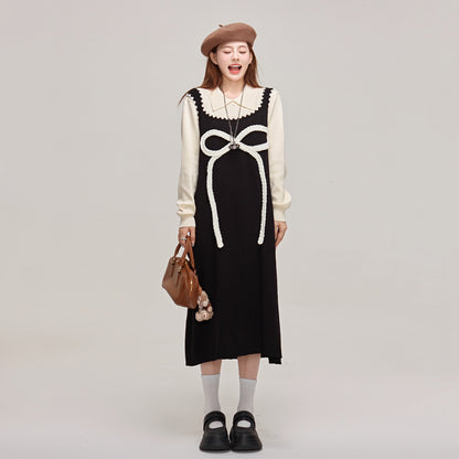 【ワンピース】蝶結びデザイン🎀 ツーピース風ニットワンピ 冬 レディース 上品＆高見え 長袖ワンピース【JZシリーズ】