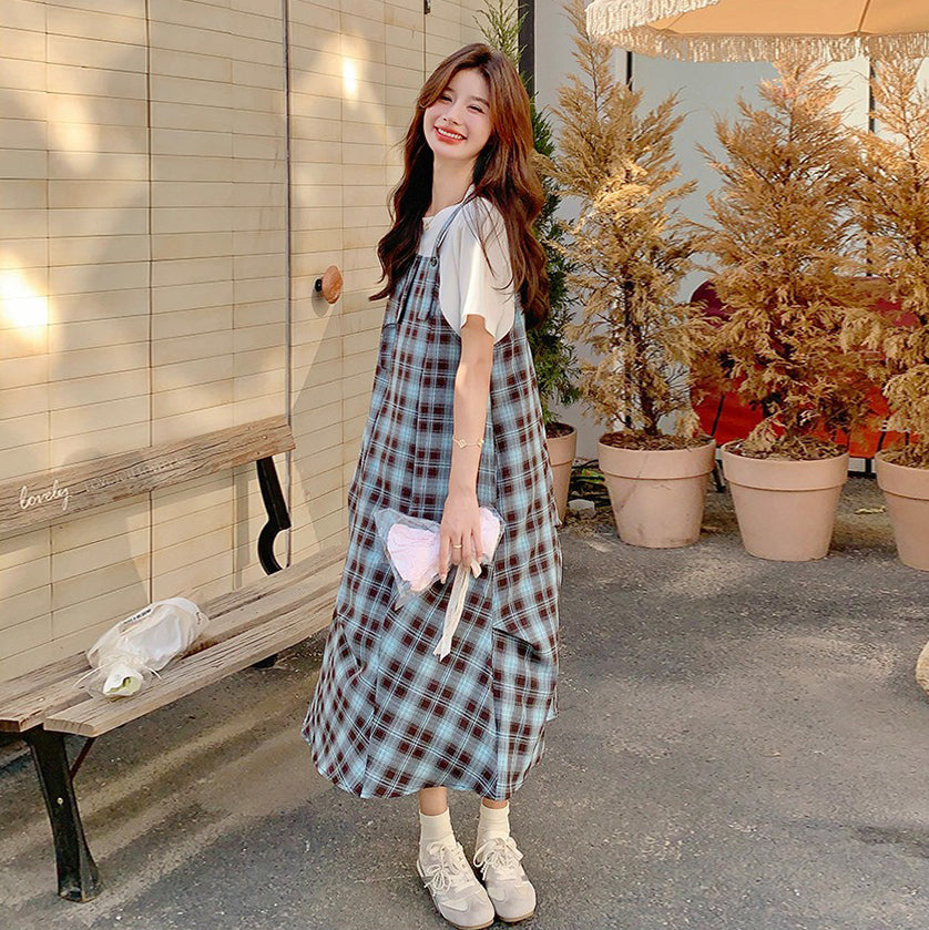 【ワンピース】日系 ナチュラル風 フェイクレイヤード 半袖 ワンピース レディース 夏 体型カバー スリム見え デザイン性【SHシリーズ】