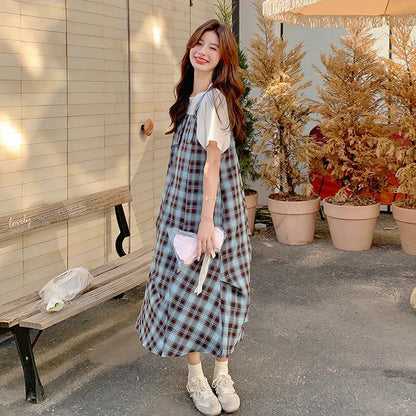 【ワンピース】日系 ナチュラル風 フェイクレイヤード 半袖 ワンピース レディース 夏 体型カバー スリム見え デザイン性【SHシリーズ】