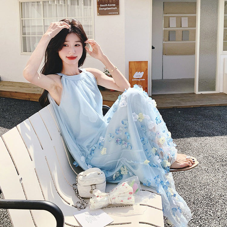 【ワンピース】韓国ファッション ブルー 花柄 ワンピース｜ノースリーブ ティアード ロング丈｜海辺 リゾート ビーチ 撮影用 映えドレス【SHシリーズ】