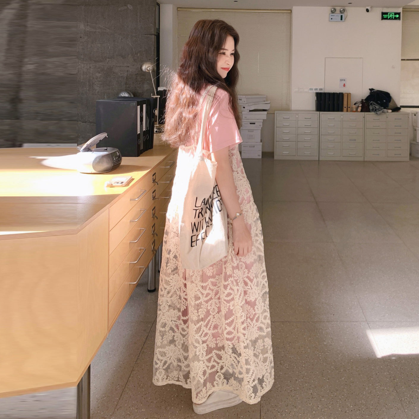 2点セット！【セットアップ】夏新作 シアーシャツ＋Tシャツワンピース レイヤード風 ゆったり 体型カバー カジュアル きれいめ【SHシリーズ】