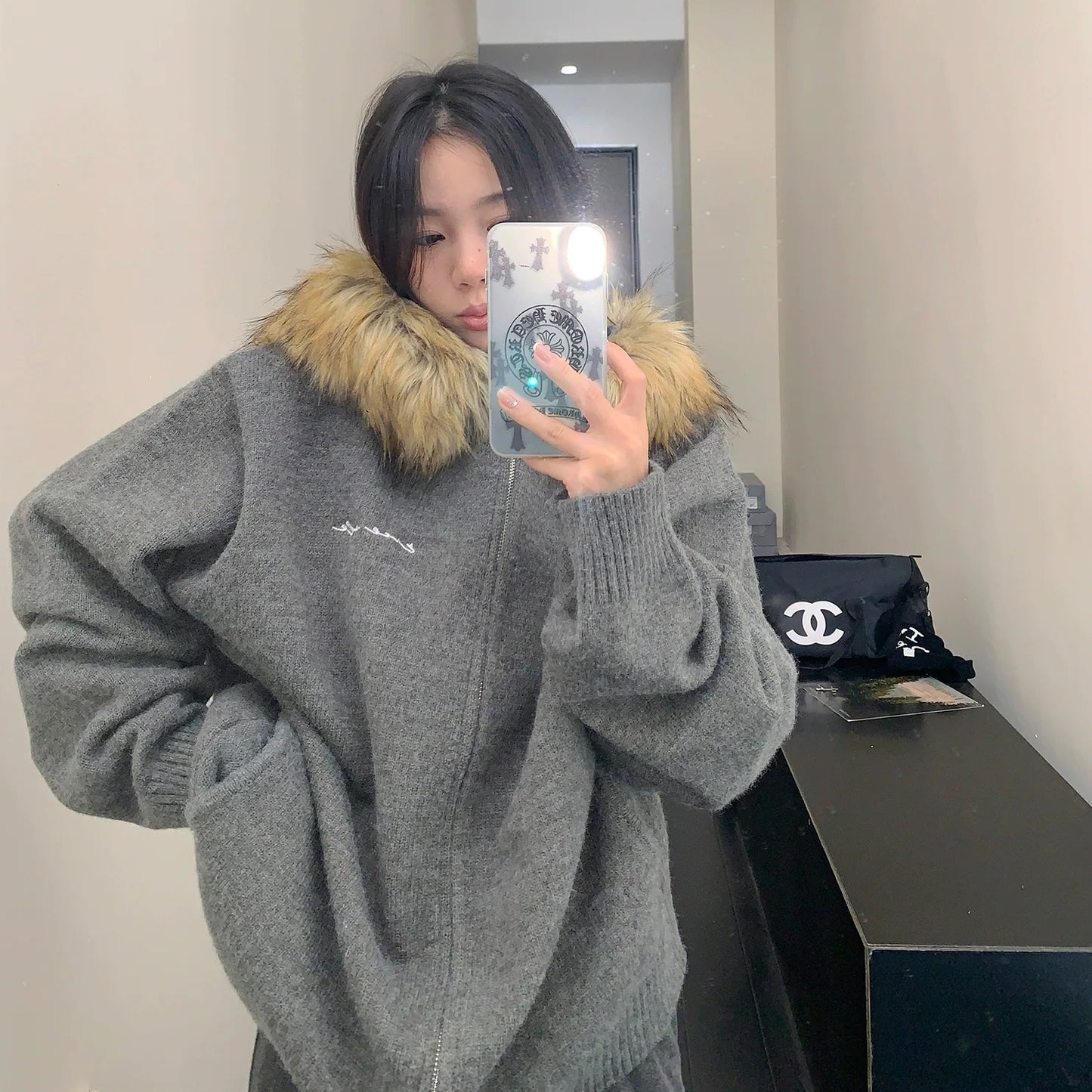 【アウター】春 秋 冬 ファーフード ヘビーウェイト 厚手 ニット ジャケット 【FCシリーズ】