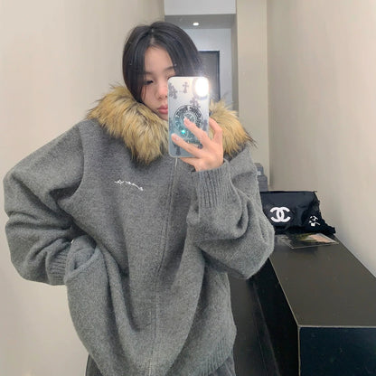 【アウター】春 秋 冬 ファーフード ヘビーウェイト 厚手 ニット ジャケット 【FCシリーズ】