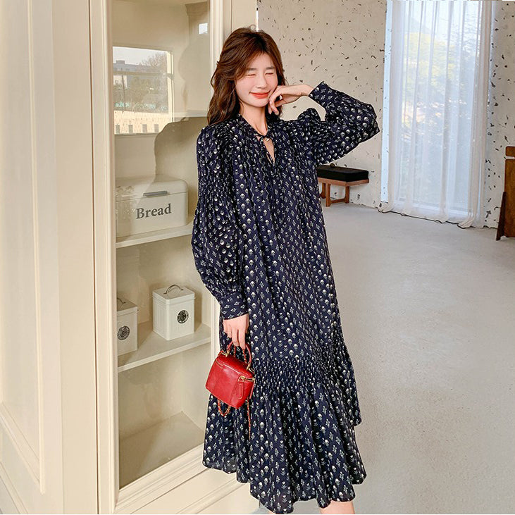 ワンピース】フラワープリント リボン付き 長袖ワンピース レディース