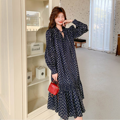 【ワンピース】フラワープリント リボン付き 長袖ワンピース レディース マキシ丈 トレンドコーデ 大人可愛い【SHシリーズ】