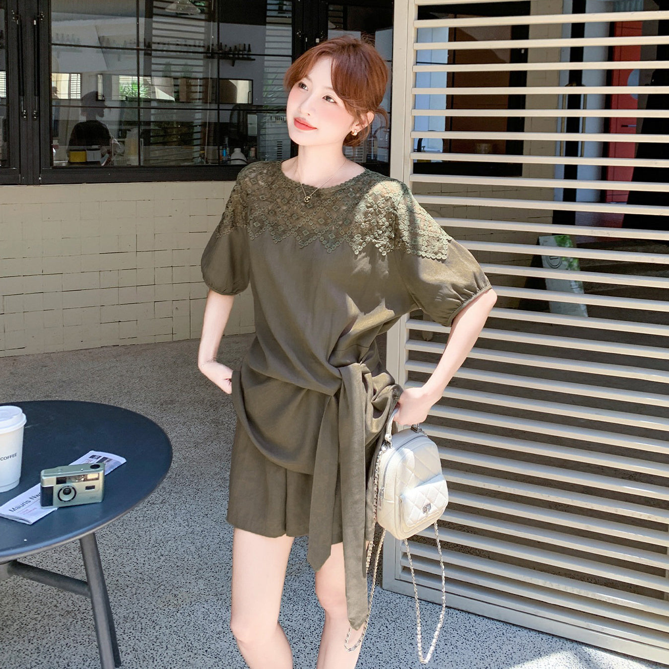 2点セット！【セットアップ】デザイン感 リボン レース 切り替え 夏 かわいい こなれ感 シャツ ショートパンツ 上下セット【JZシリーズ】