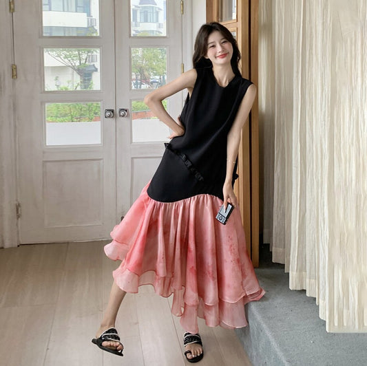 【ワンピース】高見え ノースリーブ花柄切替ワンピース トレンド感ある上品な美シルエット【SHシリーズ】