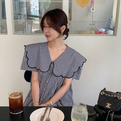 【トップス】韓国風 刺繍ビッグカラーチェックブラウス レディース 大人可愛い 襟付き ゆったり シルエット カジュアル【JZシリーズ】