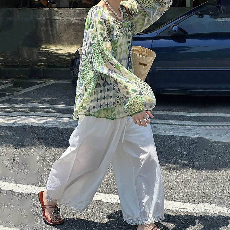 【トップス】真夏の復古 グリーン油絵 ランタン袖 UVカットシャツ【JZシリーズ】【SHシリーズ】