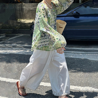 【トップス】真夏の復古 グリーン油絵 ランタン袖 UVカットシャツ【JZシリーズ】【SHシリーズ】