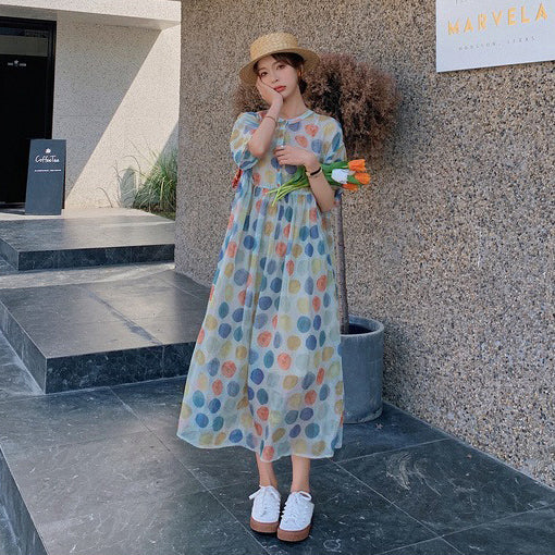 【ワンピース】【10～15日内発送】夏新作 やや透け感 ゆったりシルエット 体型カバー 冷淡系ドット柄 半袖ワンピース【SHシリーズ】