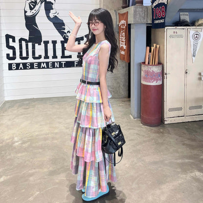 【ワンピース】 レインボーチェック ノースリーブ ティアードワンピース 夏 レディース フェミニン 体型カバー リゾート風 着痩せ ゆったり Aライン 大人可愛い バカンス 海辺旅行【SHシリーズ】