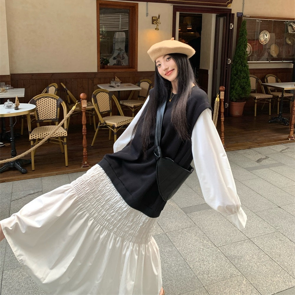 【24AW】【ワンピース】ゆるリラックス フェイクレイヤード パーカー 長袖 ワンピース