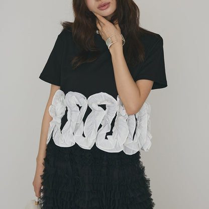 【トップス】Tシャツ 夏 コットン 刺繍デザイン 花モチーフ レース切替 半袖 きれいめ カジュアル【JZシリーズ】