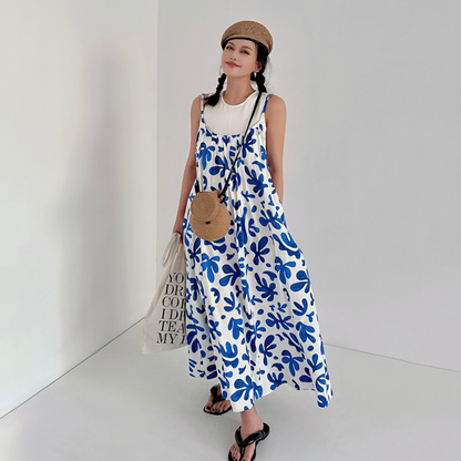 【ワンピース】リゾート風 ブルー花柄ワンピース レディース 夏 キャミワンピ ロング丈 ノースリーブ 大人上品 フェミニン【SHシリーズ】【15～20日内発送】