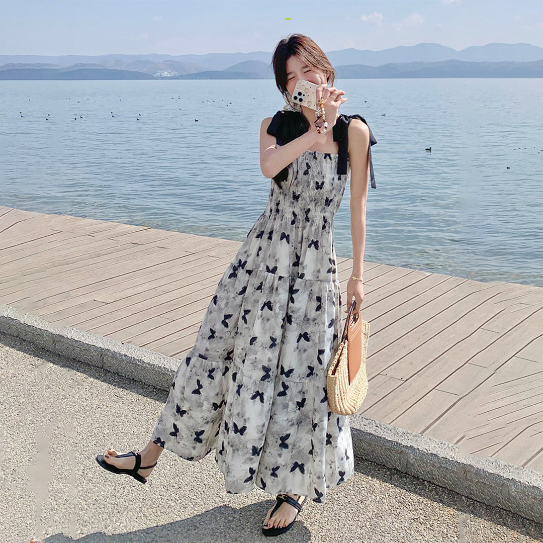 【ワンピース】夏 優しくかわいらしい 水墨蝶柄 カラーブロック ノースリーブワンピース【SHシリーズ】