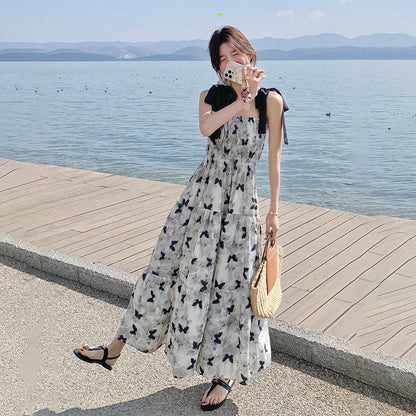 【ワンピース】夏 優しくかわいらしい 水墨蝶柄 カラーブロック ノースリーブワンピース【SHシリーズ】