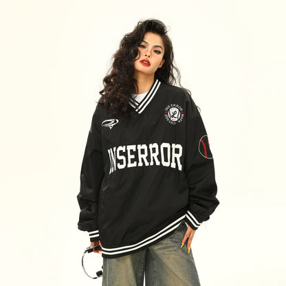 【トップス】春秋 美式ヴィンテージVネックパーカー 男女兼用 刺繍ロゴ入りカジュアルスウェットシャツ【FCシリーズ】