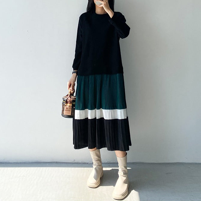 【24AW】【15～20日内発送】【ワンピース】フェイクツーピース 大きいサイズ プリーツ 長袖ワンピース