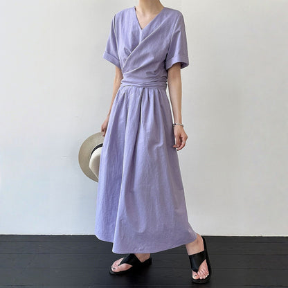 【ワンピース】クロスリボン Aライン コットンリネン 半袖 ワンピース 【JZシリーズ】