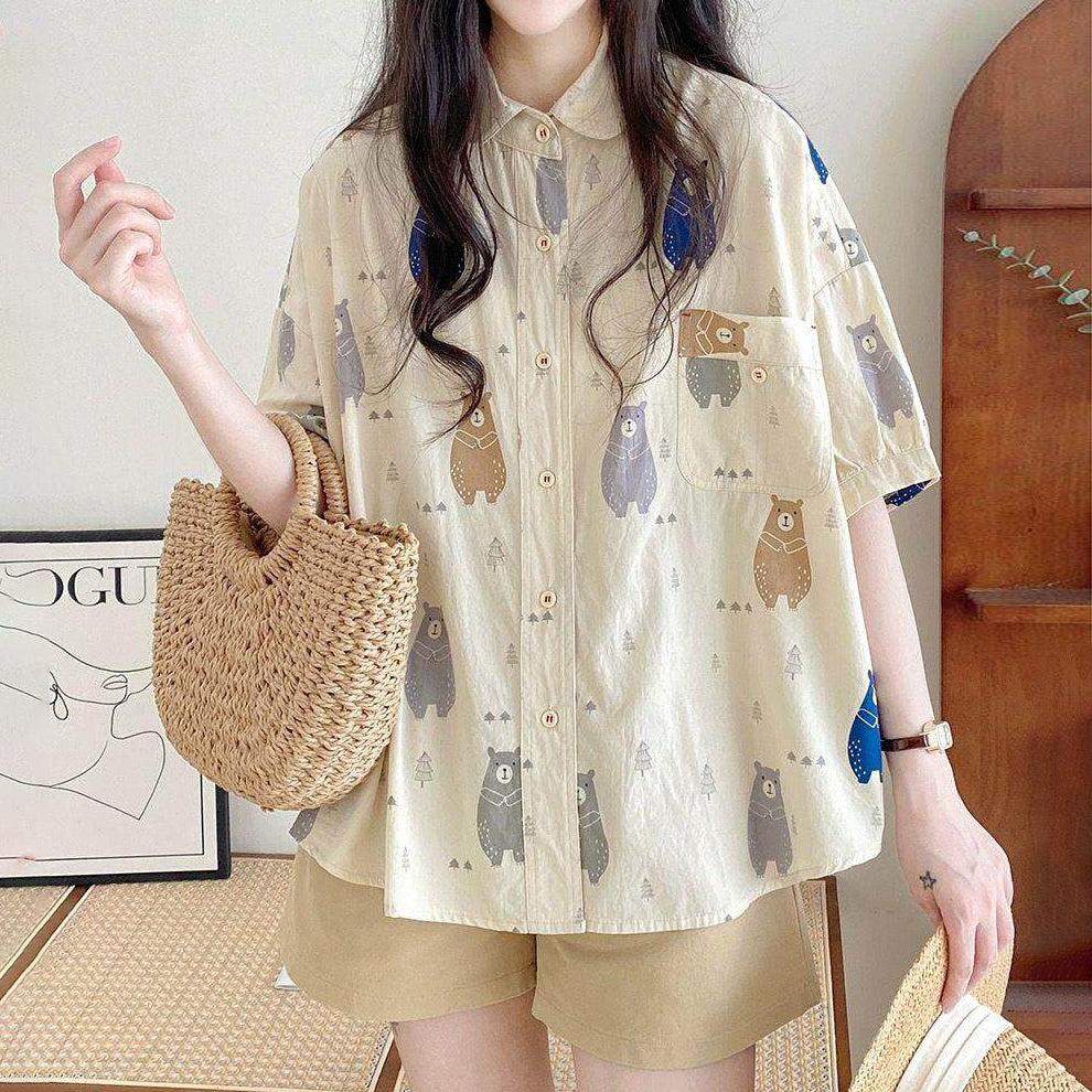 【トップス】中袖  カートゥーンプリント ゆったり 体型カバー 若見え 付け襟風【SHシリーズ】