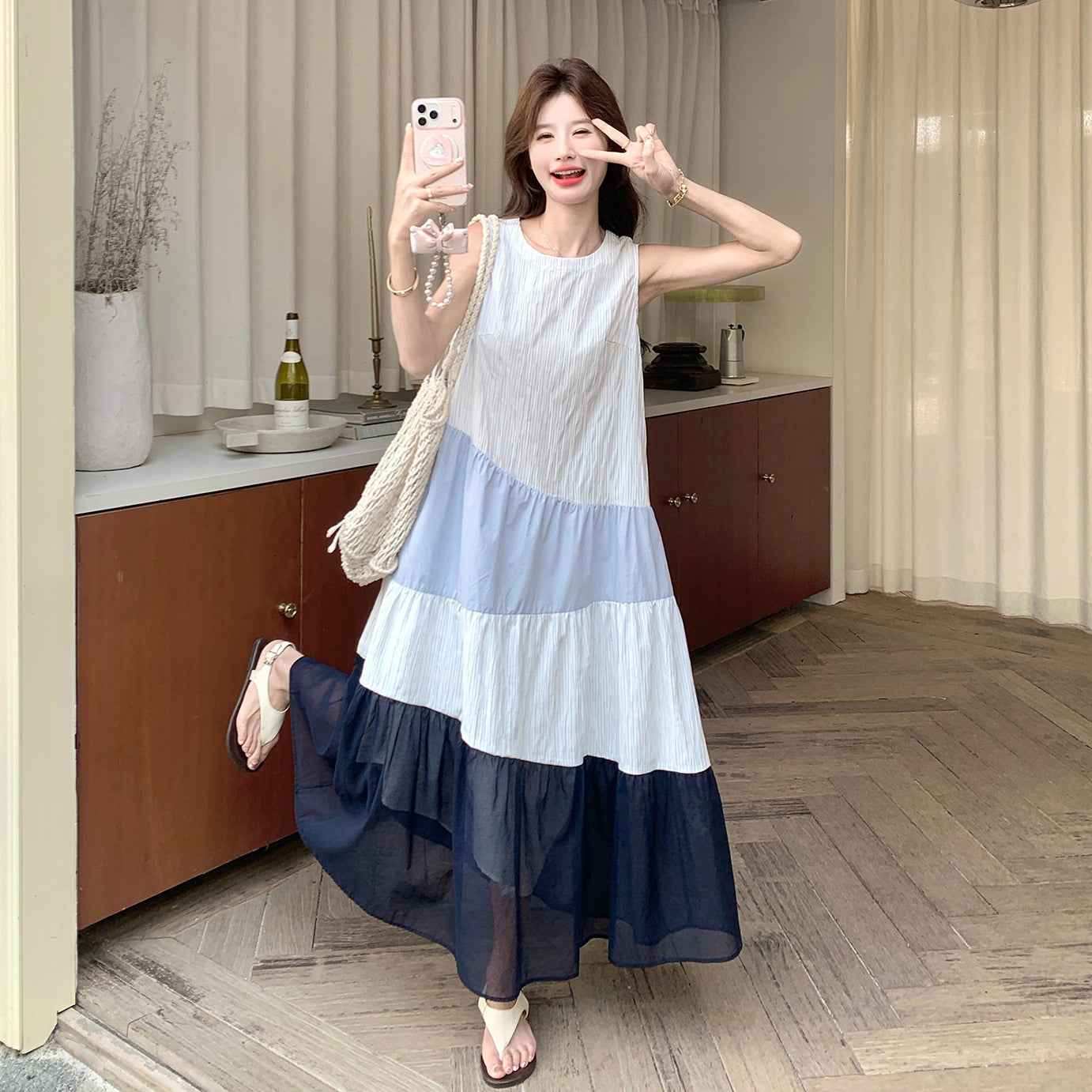 【ワンピース】韓国風 配色チュール切替 キャミワンピース レディース Aライン リラックス感 ゆったり 夏コーデ【JZシリーズ】