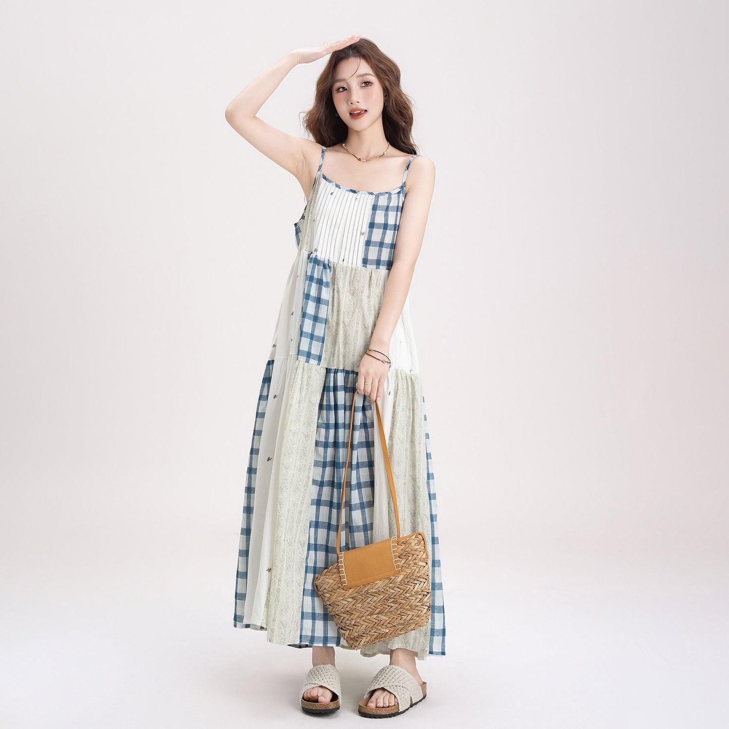【ワンピース】チェック ワンピース 夏 キャミソール ロング 着痩せ フレンチレトロ ノースリーブ 配色切替 上品 体型カバー【SHシリーズ】