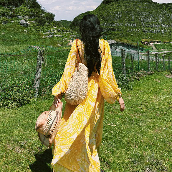 【ワンピース】リゾート風 Vネック ハイウエスト バルーンスリーブ 長袖ワンピース【SHシリーズ】